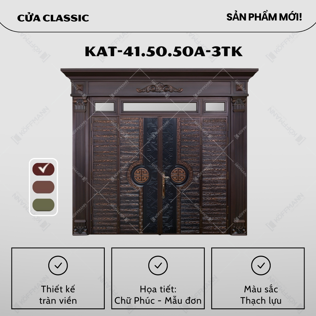 Cửa Classic KAT-41.50.50a-3TK sở hữu thiết kế tràn viền tinh tế, kết hợp họa tiết chữ "Phúc" và hoa Mẫu đơn tinh xảo