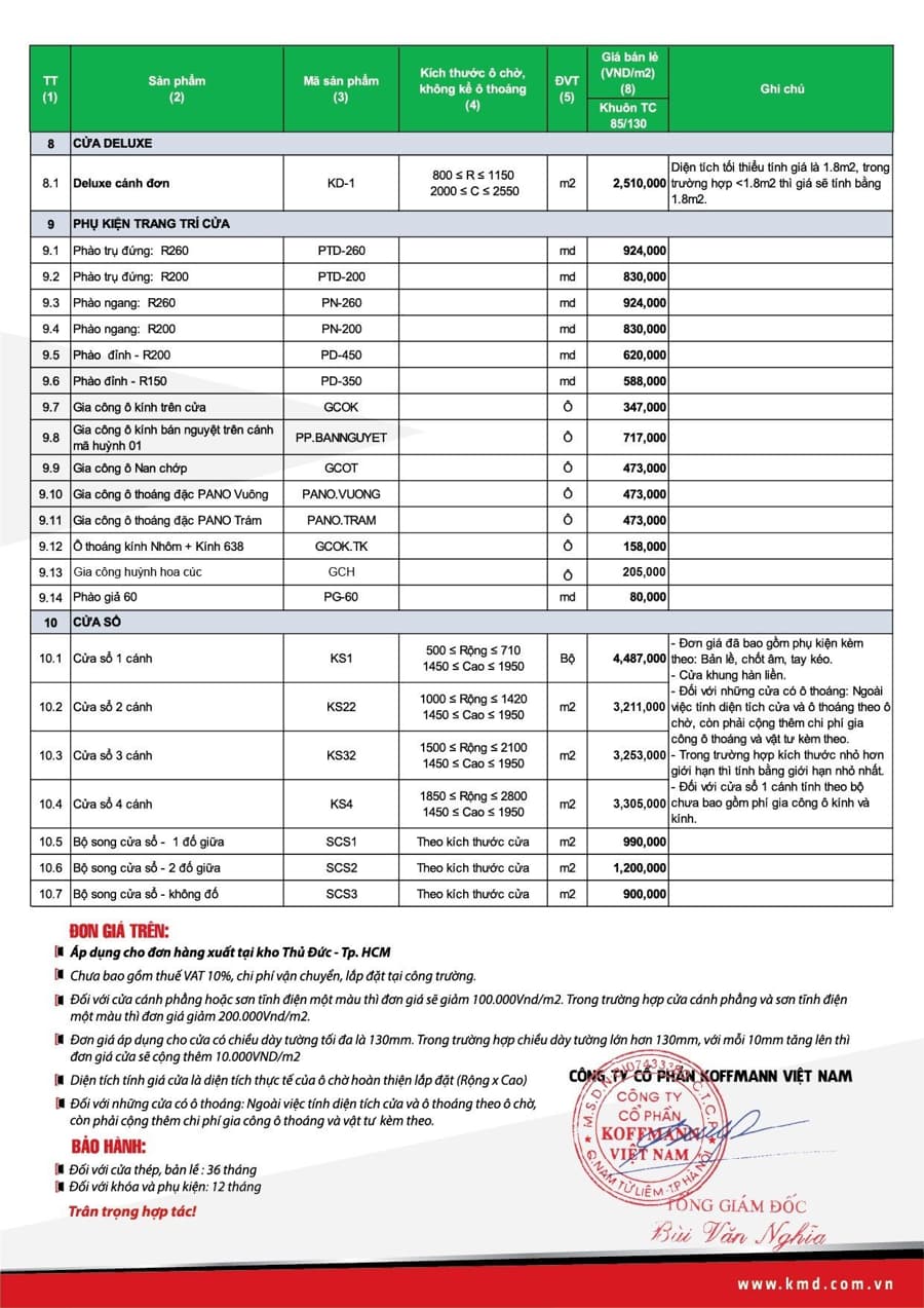 Bảng bào giá cửa sổ thép vân gỗ Koffmann tại TP.HCM và miền Nam