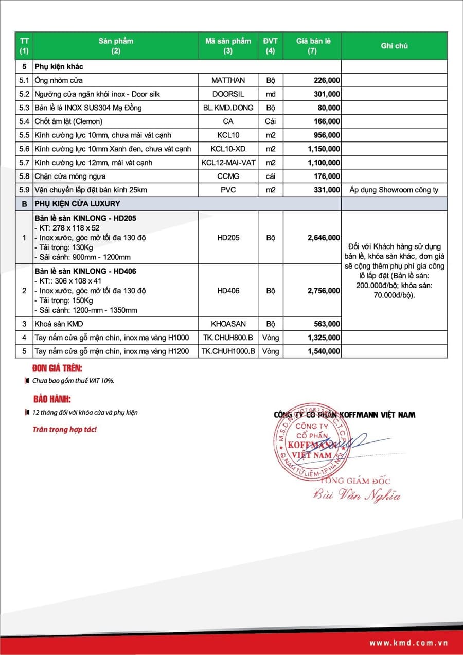Báo giá phụ kiện cửa thép vân gỗ Koffmann tại miên Bắc