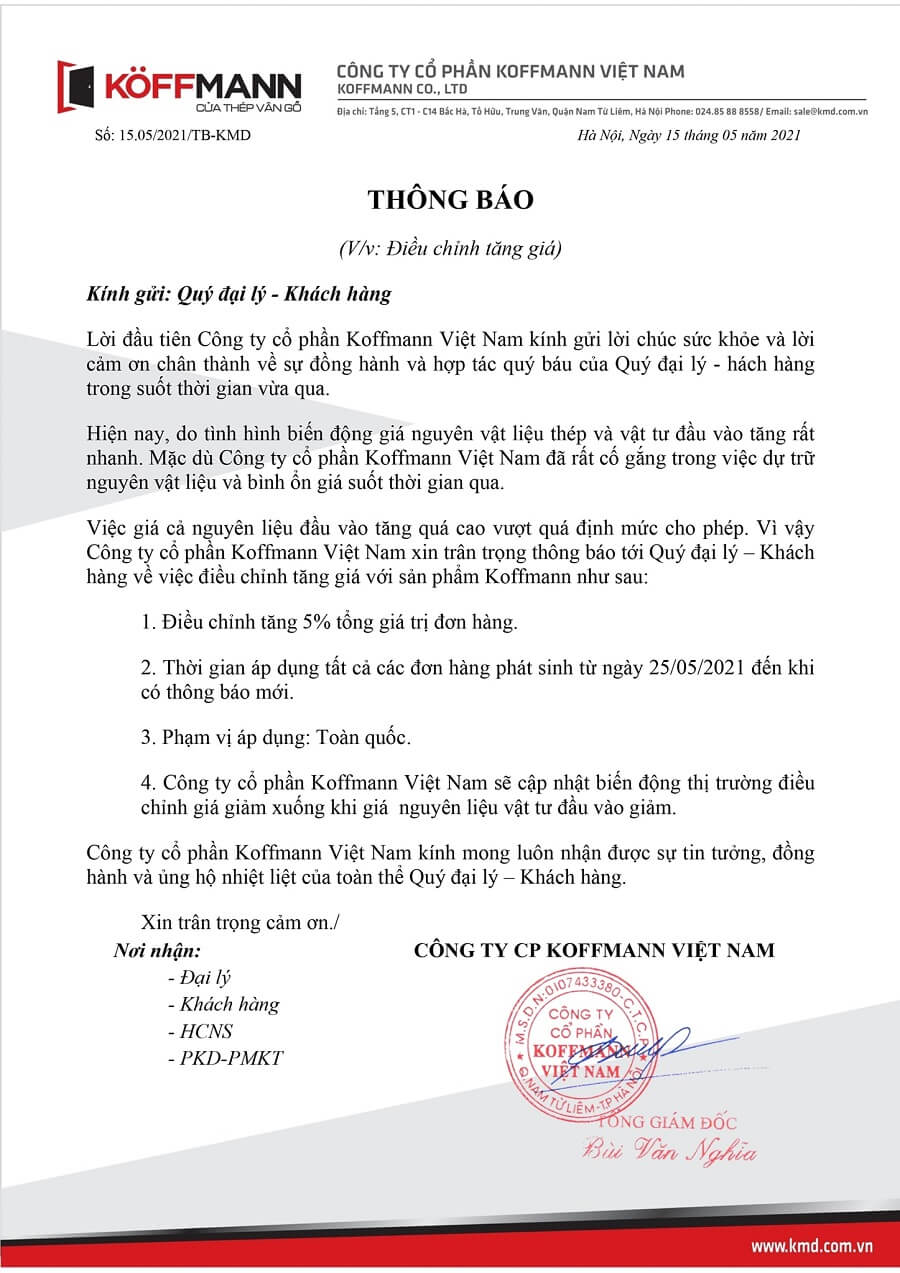 điều chỉnh tăng giá với sản phẩm cửa thép&nbsp;Koffmann